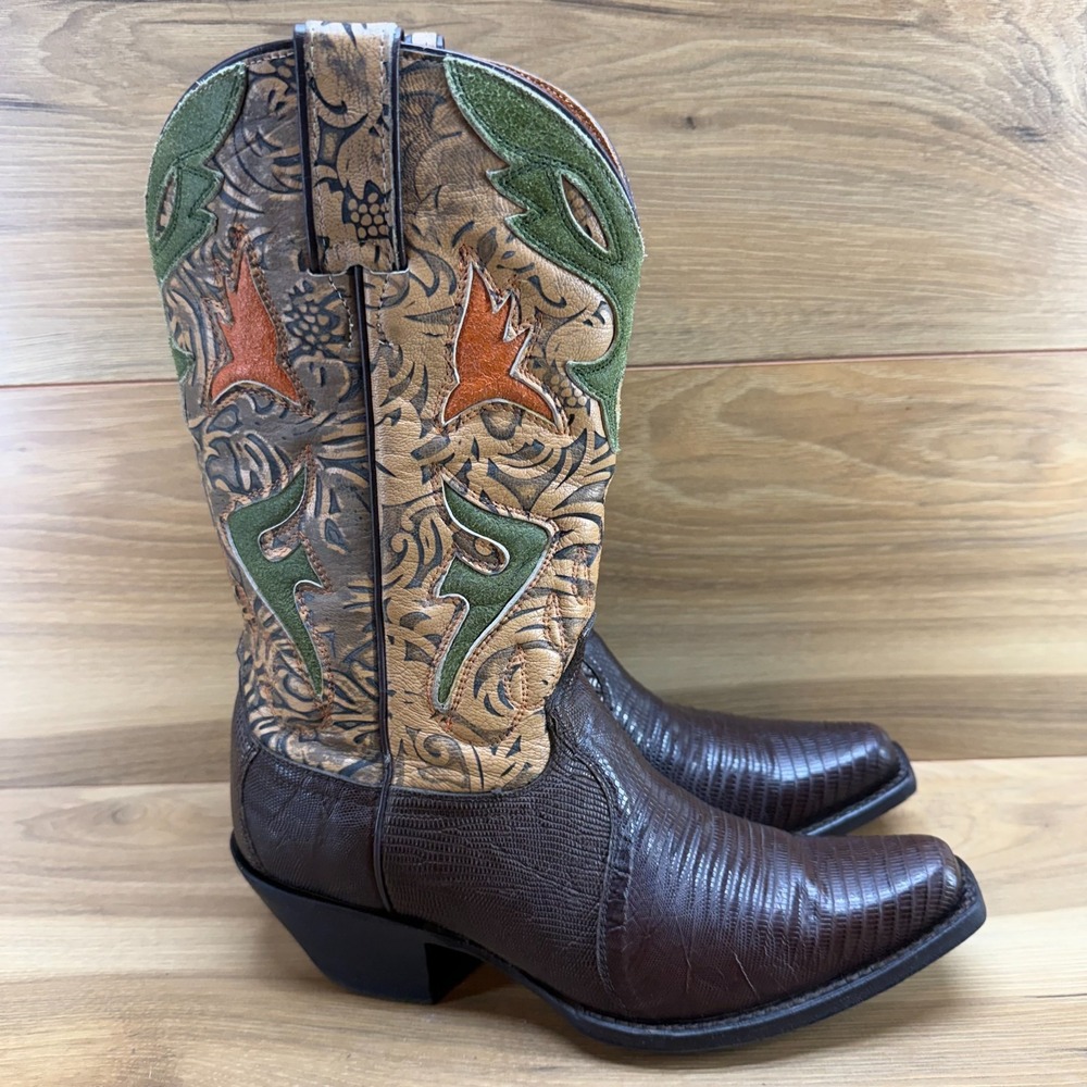 FRYE Vintage Lily Western Boots Womens 8 B Brown Lizard Snip Toe Cowgirl